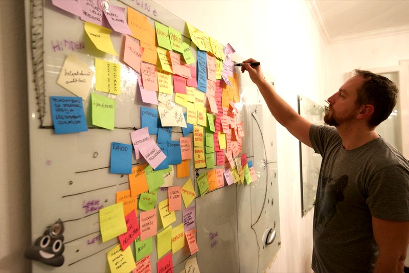Close-up of the Starship Canvas covered in colorful sticky notes during a workshop at Exalt Interactive